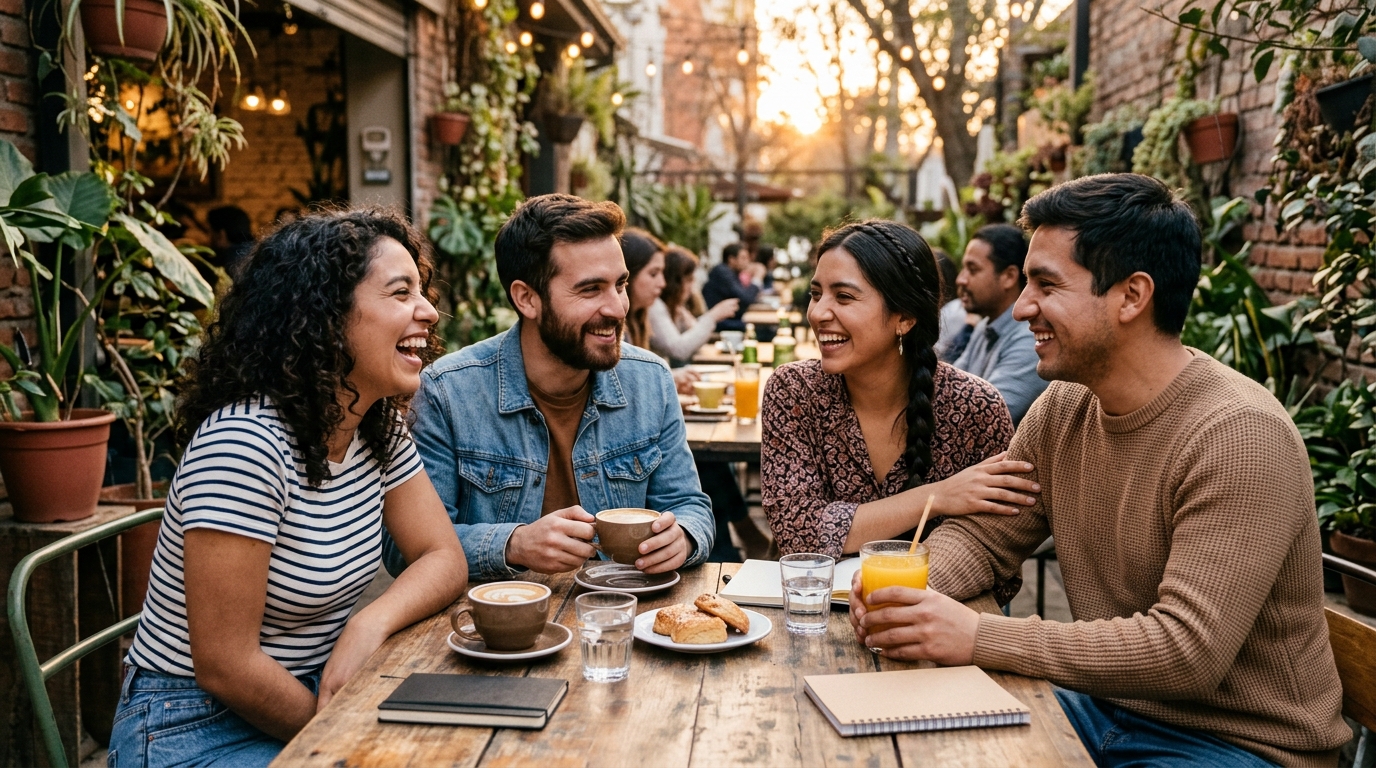 Grupo de amigos disfrutando una tarde con café y jugo, sin alcohol